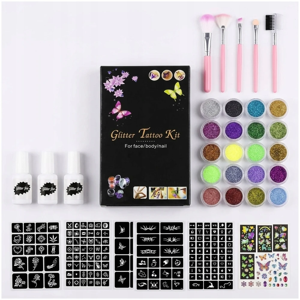 Bez Marki GLITTER TATOO RINKINYS VAIKAMS GLITTER TEMPLATES 24 vnt 3x XXL GLUE