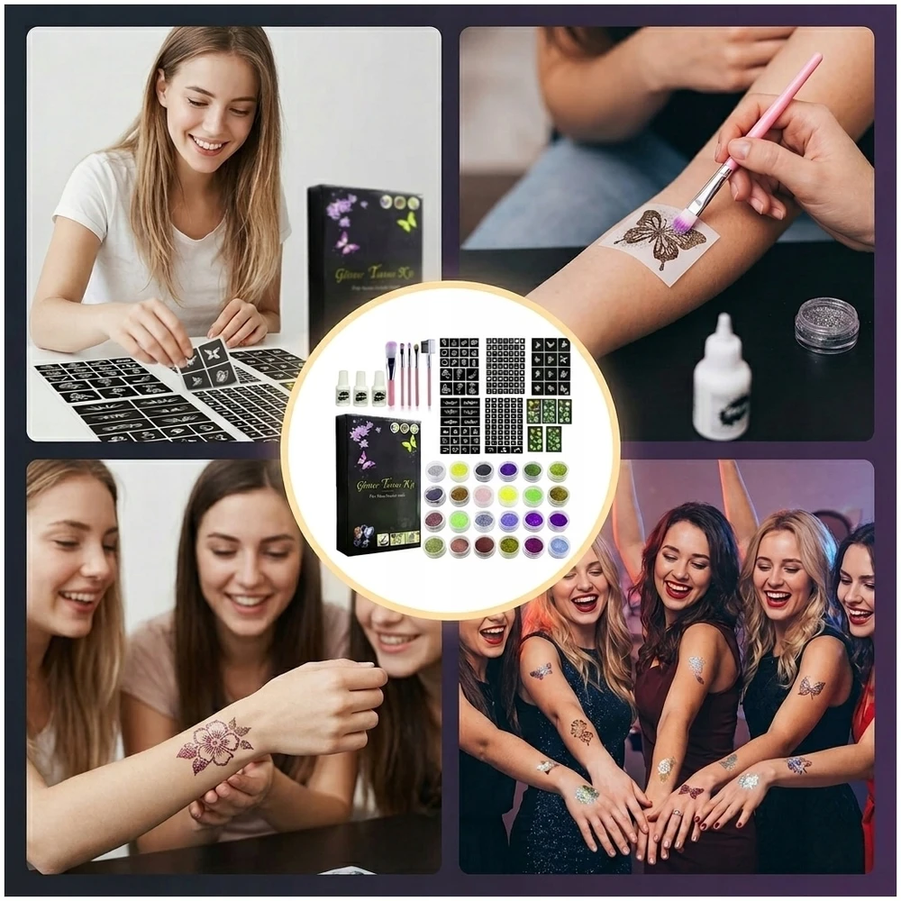 Bez Marki GLITTER TATOO RINKINYS VAIKAMS GLITTER TEMPLATES 24 vnt 3x XXL GLUE