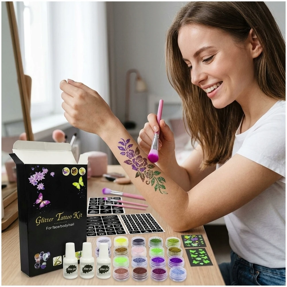 Bez Marki GLITTER TATOO RINKINYS VAIKAMS GLITTER TEMPLATES 24 vnt 3x XXL GLUE