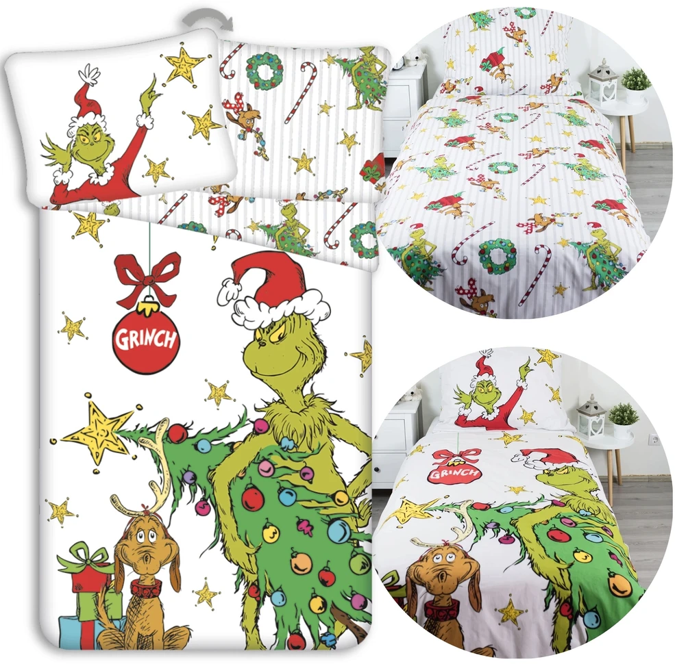 Bez Marki Grinch Świąteczna DWUSTRONNA pościel na zamek, 100% BAWEŁNA, 140x200 cm