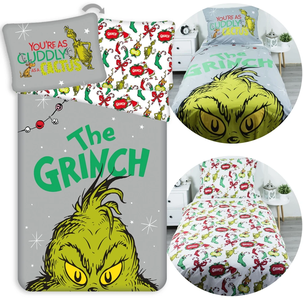 Patalynės komplektas Bez Marki Grinch Świąteczna DWUSTRONNA pościel na zamek, 100% BAWEŁNA 140x200 cm