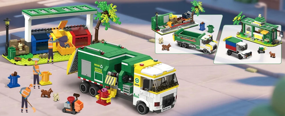 Bez Marki Kaladėlės CITY SAMOCHÓD ŚMIECIARKA ZE STACJĄ RECYKLINGU 3w1 POJAZD PREZNET 811