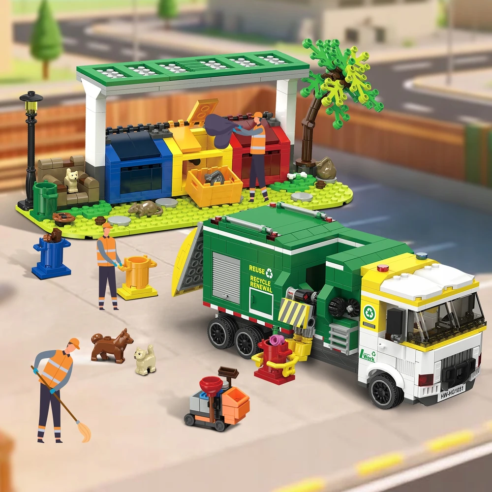 Bez Marki Kaladėlės CITY SAMOCHÓD ŚMIECIARKA ZE STACJĄ RECYKLINGU 3w1 POJAZD PREZNET 811