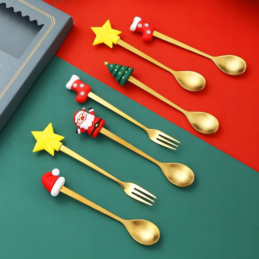 Bez Marki Kalėdiniai šaukštai Forks Xmas Set Stalo įrankių rinkiniai restorano vakarėliui Žalias Box