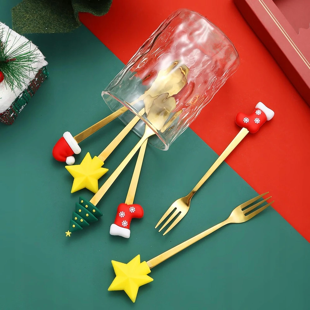 Bez Marki Kalėdiniai šaukštai Forks Xmas Set Stalo įrankių rinkiniai restorano vakarėliui Žalias Box
