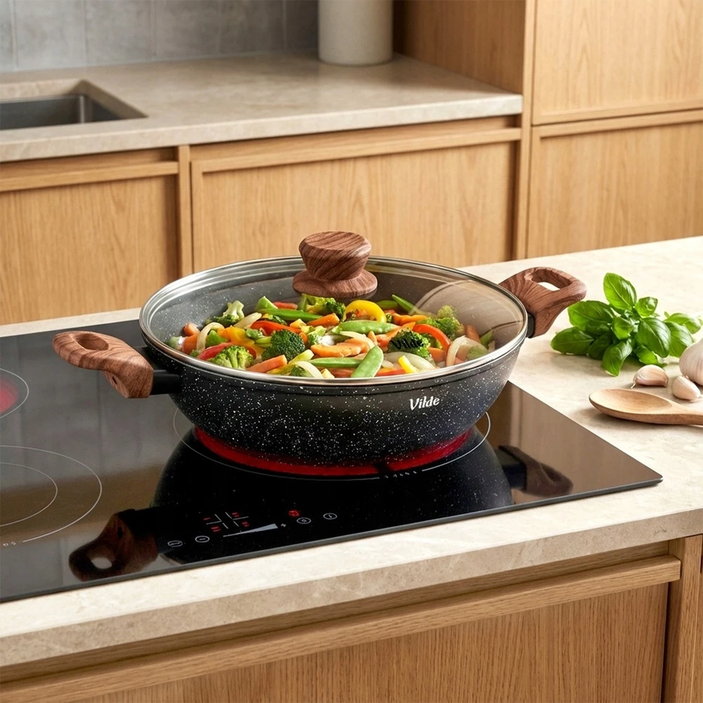 Bez Marki Keptuvė granitinė gili su stikliniu dangčiu GRANITICA WOOD 28 cm 35 l ruda Orion