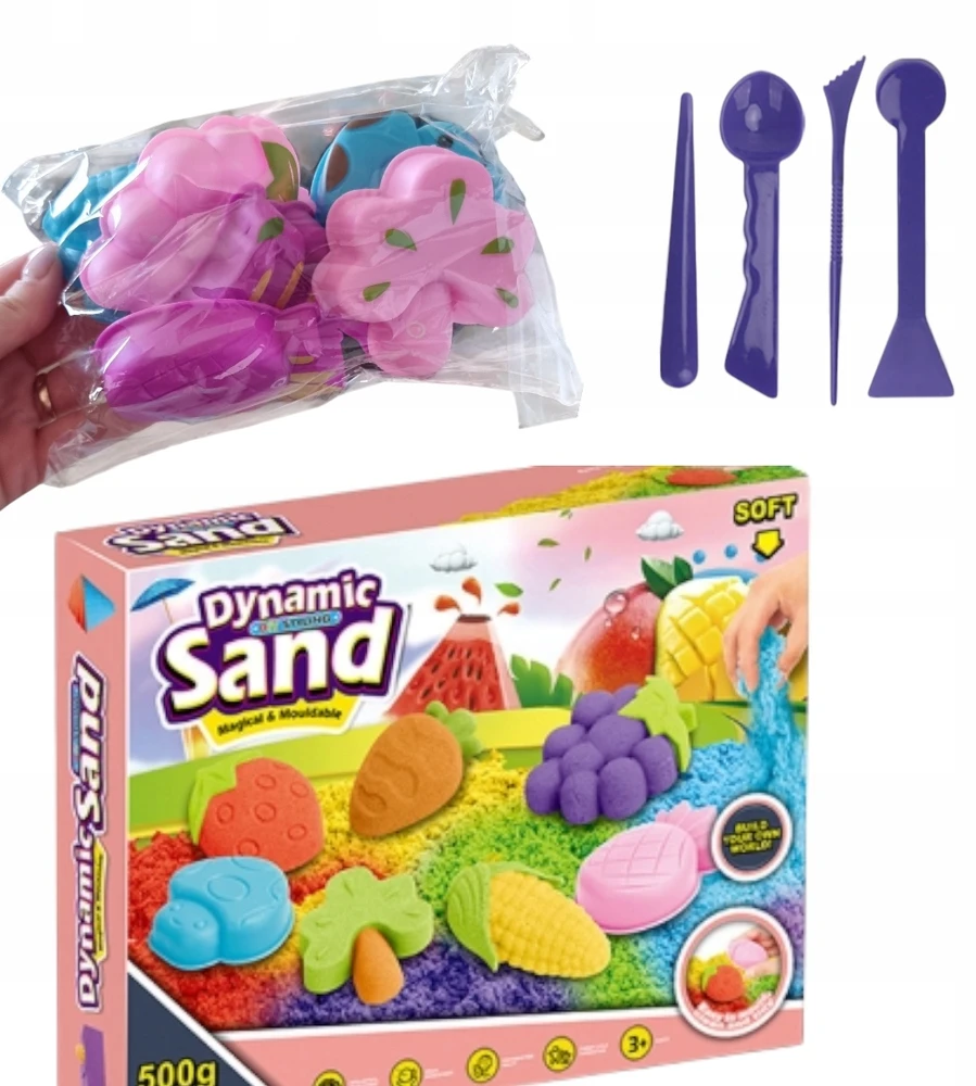 Bez Marki Kineticinis smėlis 500g su formelėmis ir padėklu – vaisiai, daržovės