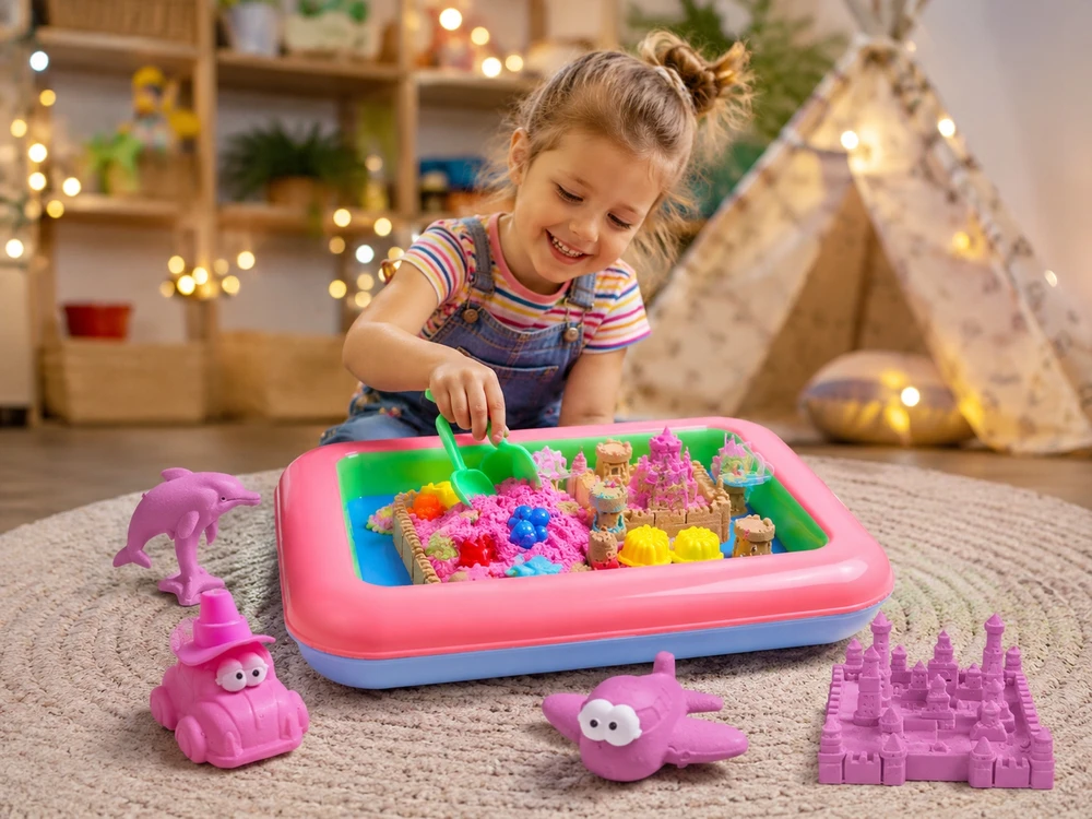 Bez Marki KINETINIS SMĖLIS 3KG BASEINAS + ŽAISLAI DIDELIS VAIKŲ JAUTIMO RINKINYS