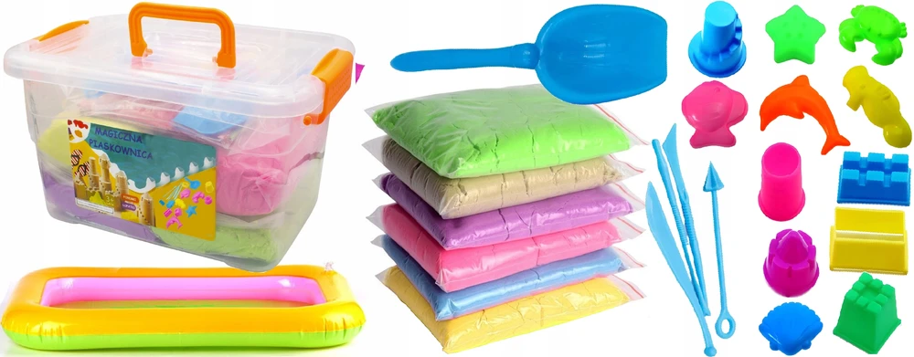 Bez Marki KINETINIS SMĖLIS 3kg + SMĖLIŲ DĖŽĖS BASEINŲ PELIEČIŲ LAIDOS MENTELĖS XL RINKINYS