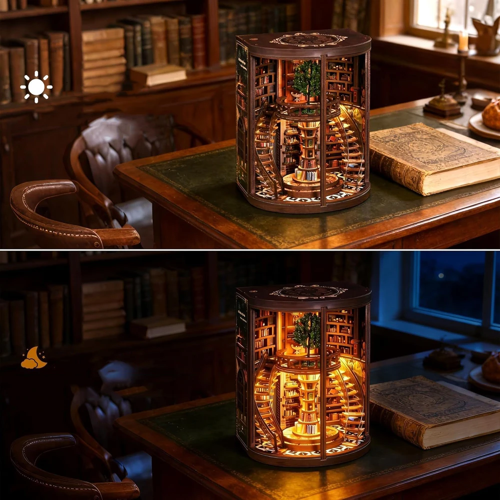 Bez Marki KNYGŲ KAMBARIO RINKINYS, MEDINĖ KNYGŲ LENTYNA, MINIATŪRINĖ 3D BIBLIOTEKA