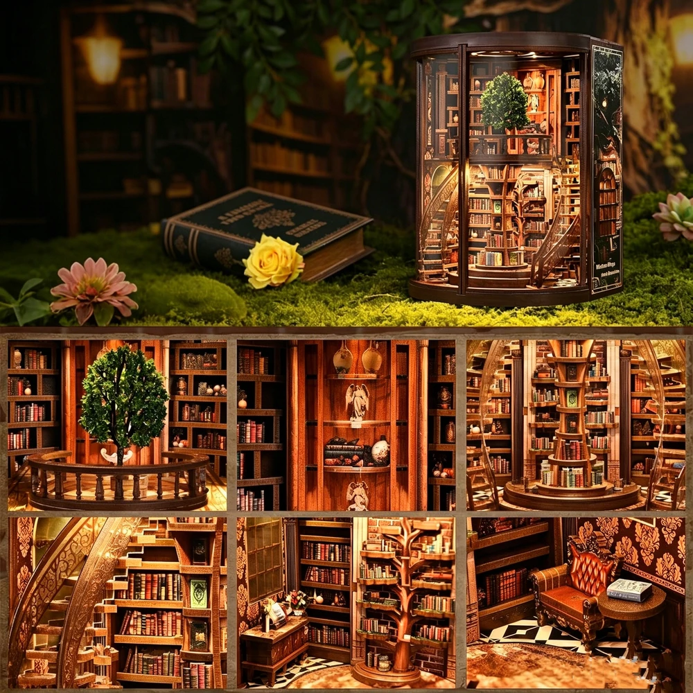 Bez Marki KNYGŲ KAMBARIO RINKINYS, MEDINĖ KNYGŲ LENTYNA, MINIATŪRINĖ 3D BIBLIOTEKA