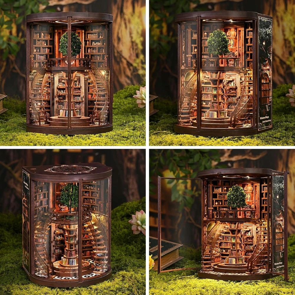 Bez Marki KNYGŲ KAMBARIO RINKINYS, MEDINĖ KNYGŲ LENTYNA, MINIATŪRINĖ 3D BIBLIOTEKA