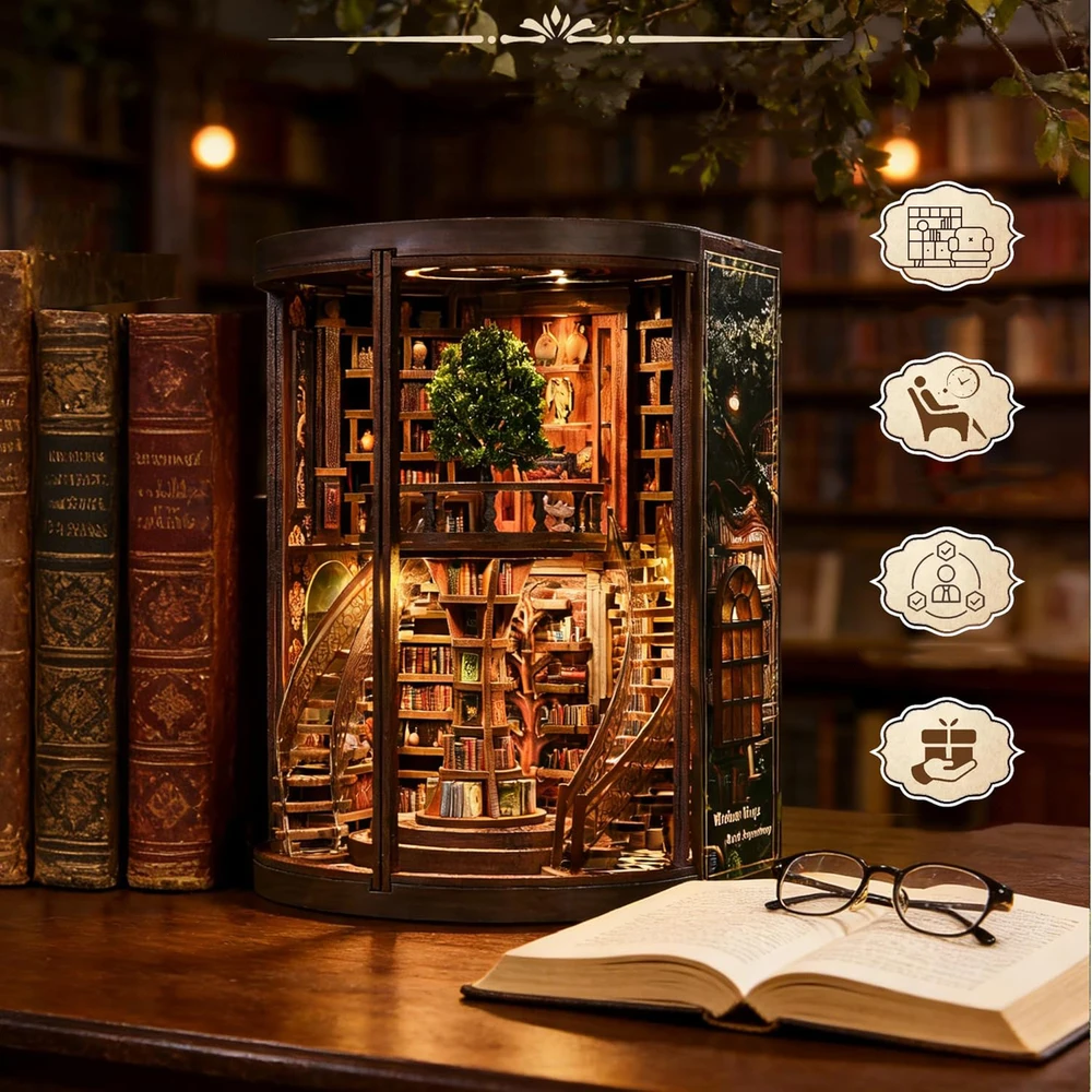 Bez Marki KNYGŲ KAMBARIO RINKINYS, MEDINĖ KNYGŲ LENTYNA, MINIATŪRINĖ 3D BIBLIOTEKA