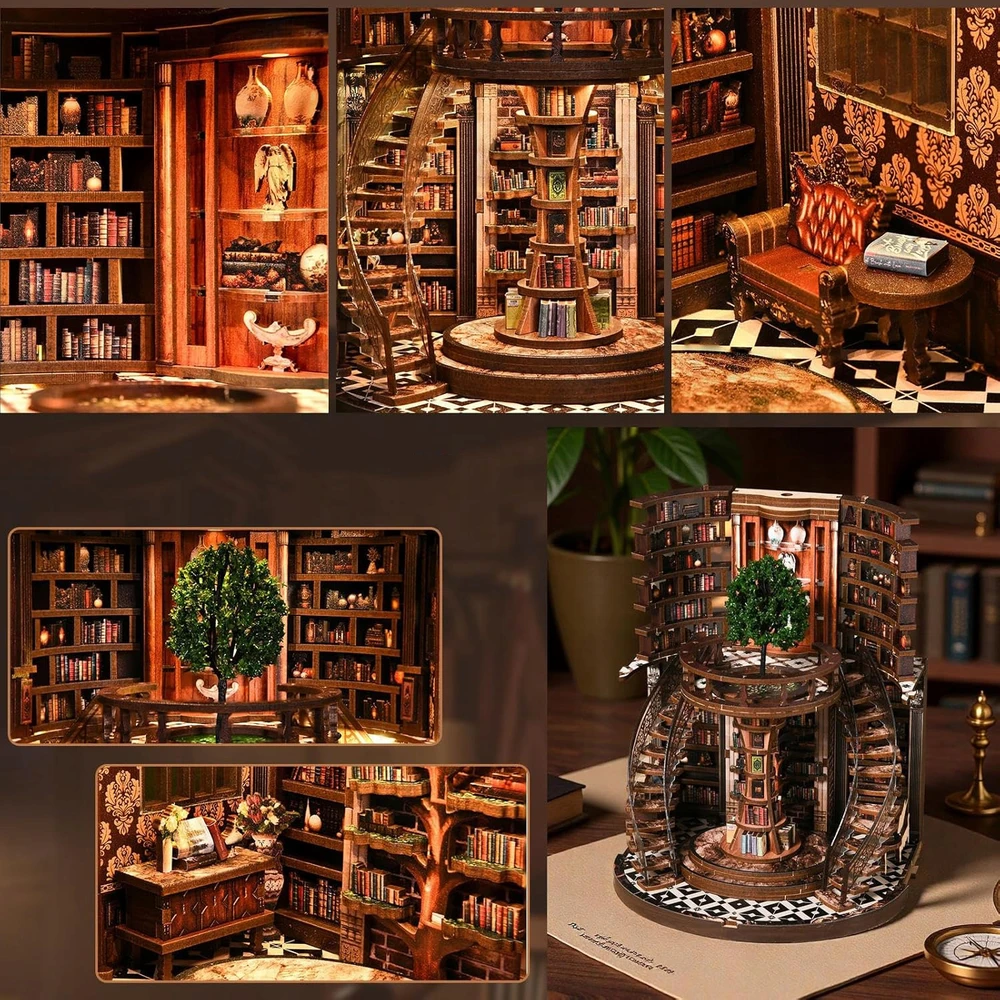 Bez Marki KNYGŲ KAMBARIO RINKINYS, MEDINĖ KNYGŲ LENTYNA, MINIATŪRINĖ 3D BIBLIOTEKA