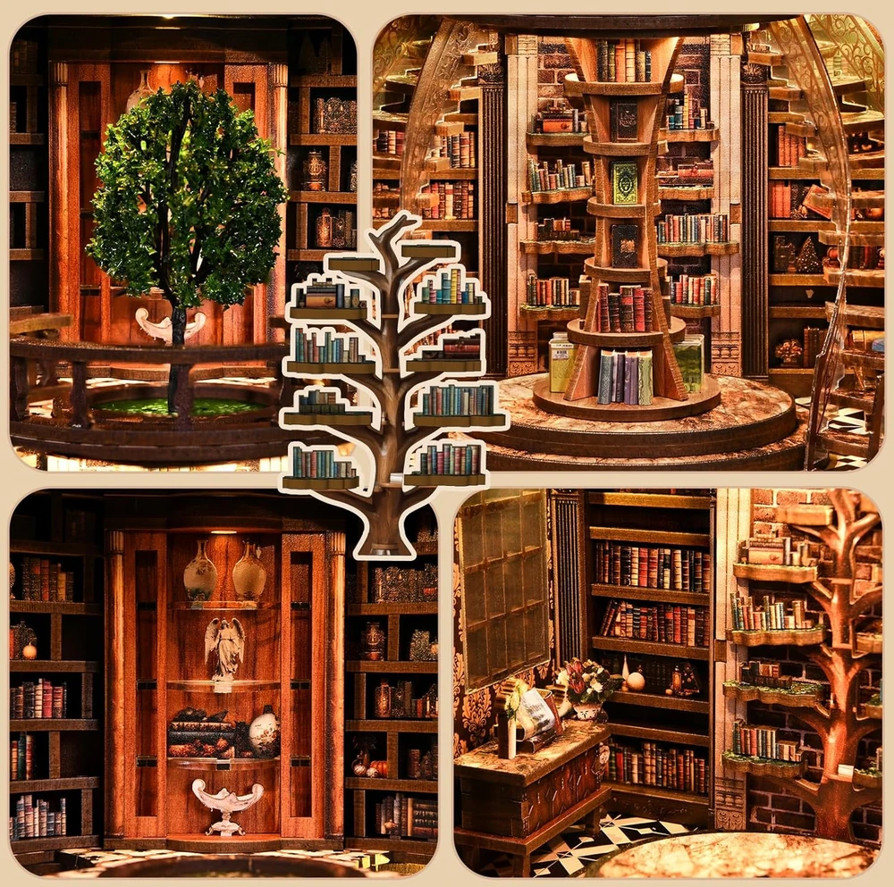 Bez Marki KNYGŲ KAMBARIO RINKINYS, MEDINĖ KNYGŲ LENTYNA, MINIATŪRINĖ 3D BIBLIOTEKA