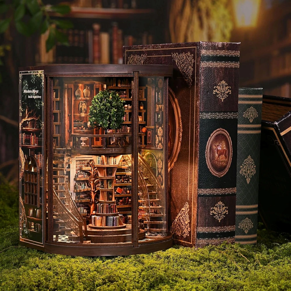 Bez Marki KNYGŲ KAMBARIO RINKINYS, MEDINĖ KNYGŲ LENTYNA, MINIATŪRINĖ 3D BIBLIOTEKA