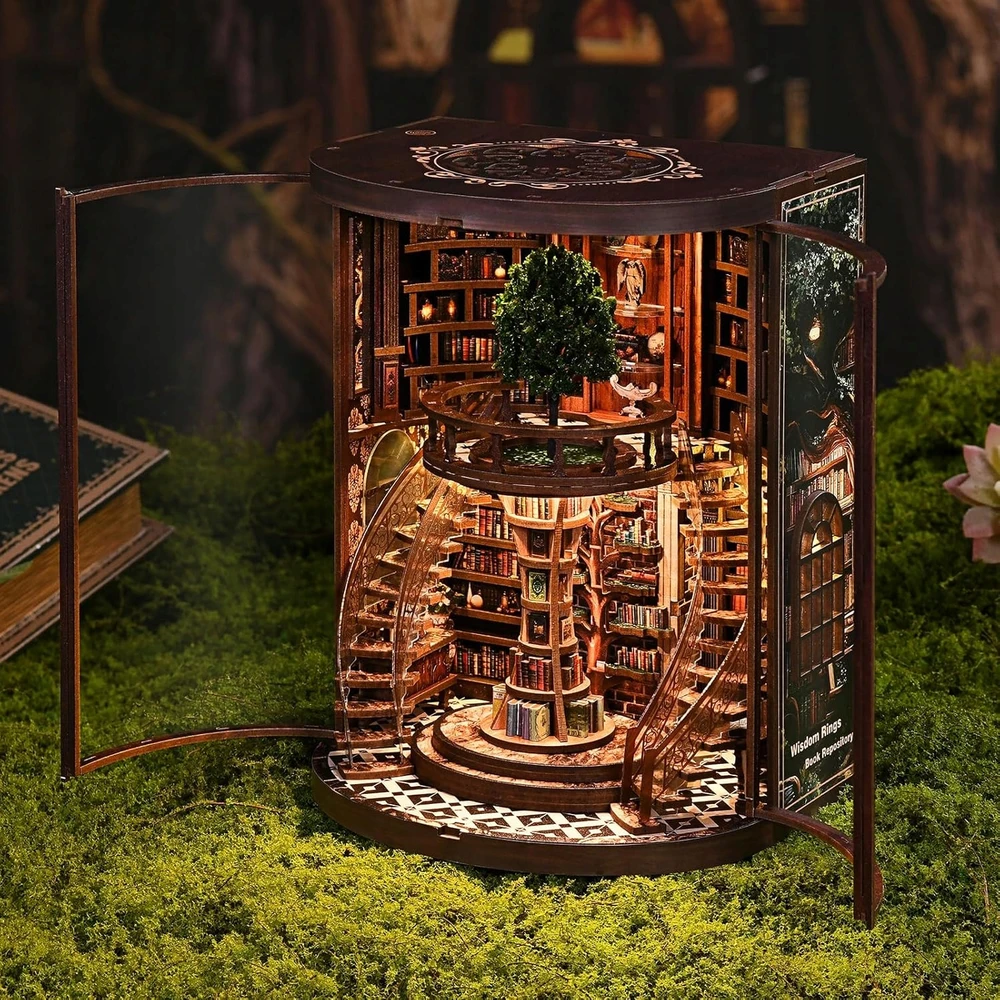 Bez Marki KNYGŲ KAMBARIO RINKINYS, MEDINĖ KNYGŲ LENTYNA, MINIATŪRINĖ 3D BIBLIOTEKA