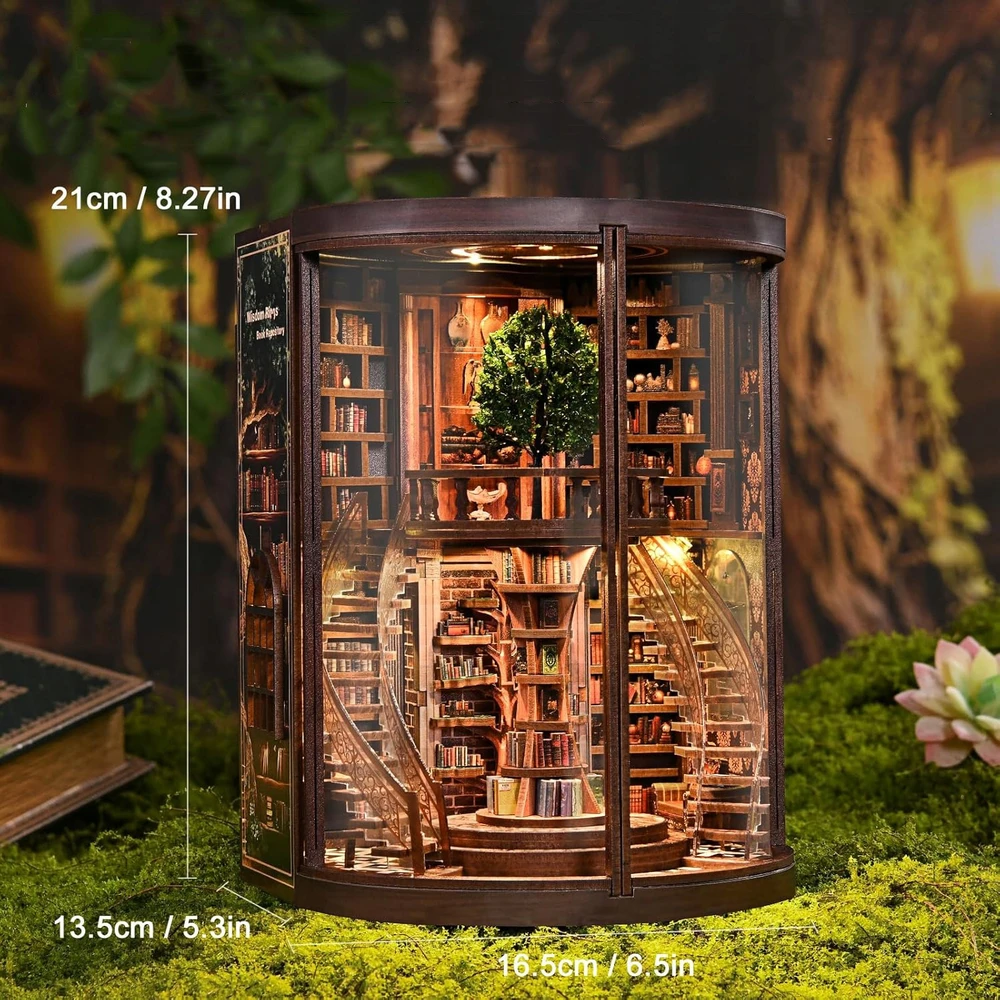 Bez Marki KNYGŲ KAMBARIO RINKINYS, MEDINĖ KNYGŲ LENTYNA, MINIATŪRINĖ 3D BIBLIOTEKA