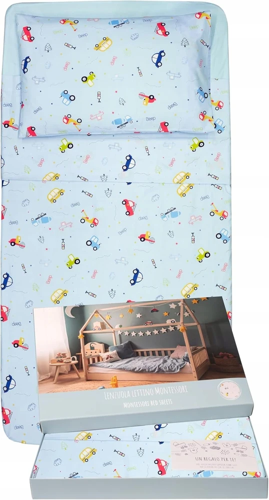 Bez Marki Komplet pościeli Montessori 70 x 140 cm 3 el. 100% medvilnė OEKO TEX pojazdy