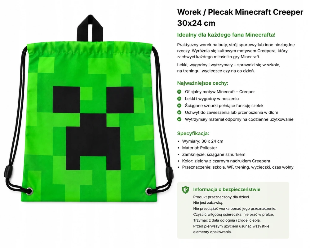 Manenti Bez Marki Krepšys, kuprinė, PE krepšys, avalynė, baseinas, Minecraft Creeper, mažas, 30 x 24 cm