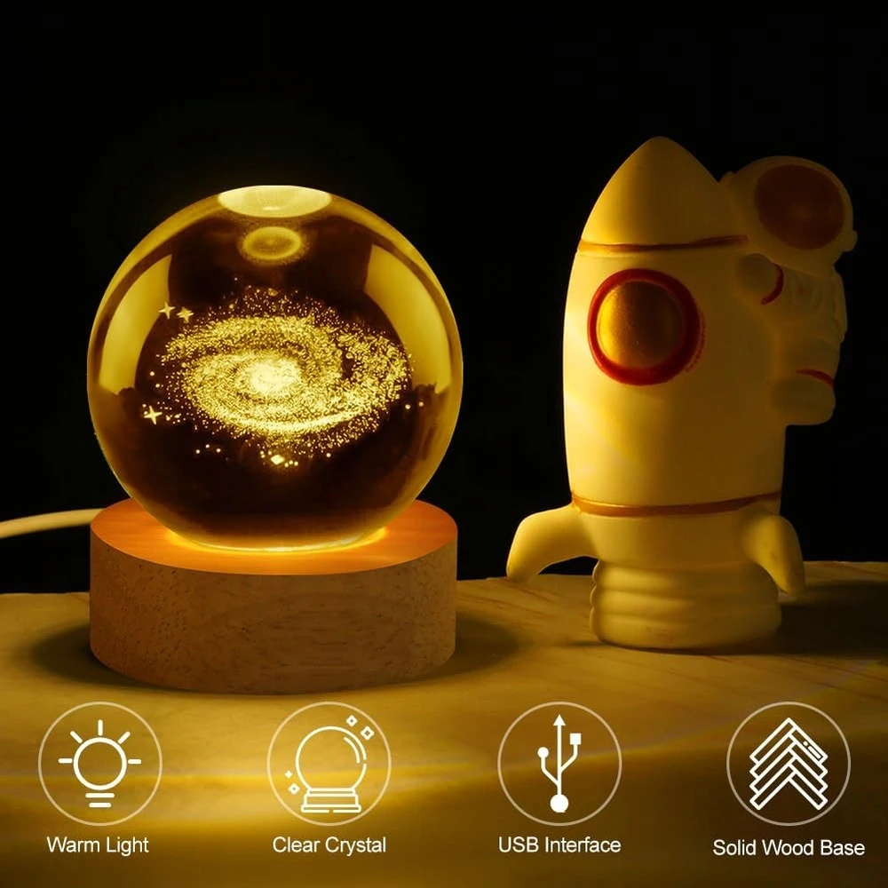 Bez Marki KRYSZTAŁOWA KULA 3D GALAKTYKA LED Naktinė lempa USB DREWNIANA PODSTAWA