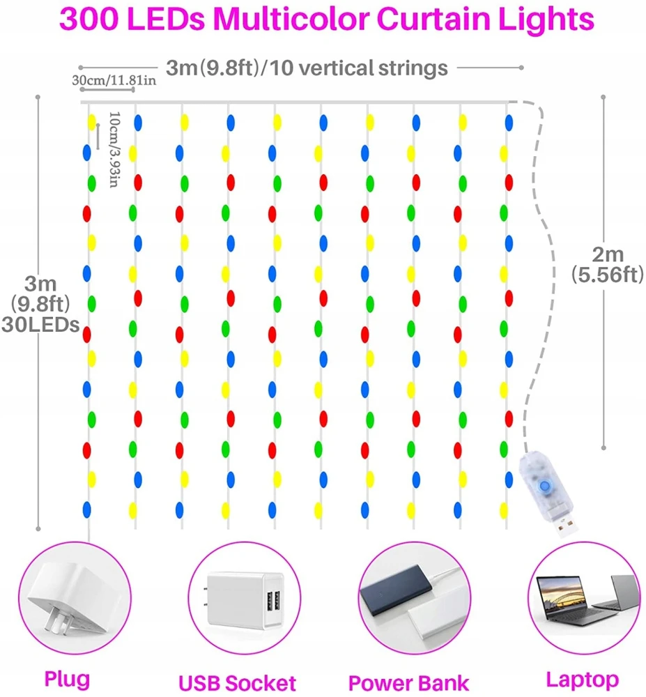 Bez Marki Kurtyna świetlna RGB 3x3m 300 diód LED pilot 8 try