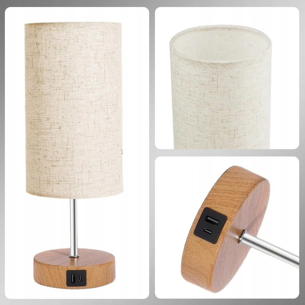 Bez Marki Lampa Nocna LED Stołowa Dotykowa USB-A USB-C E27 Drewno