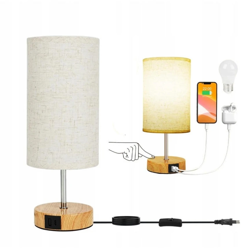 Bez Marki Lampa Nocna LED Stołowa Dotykowa USB-A USB-C E27 Drewno