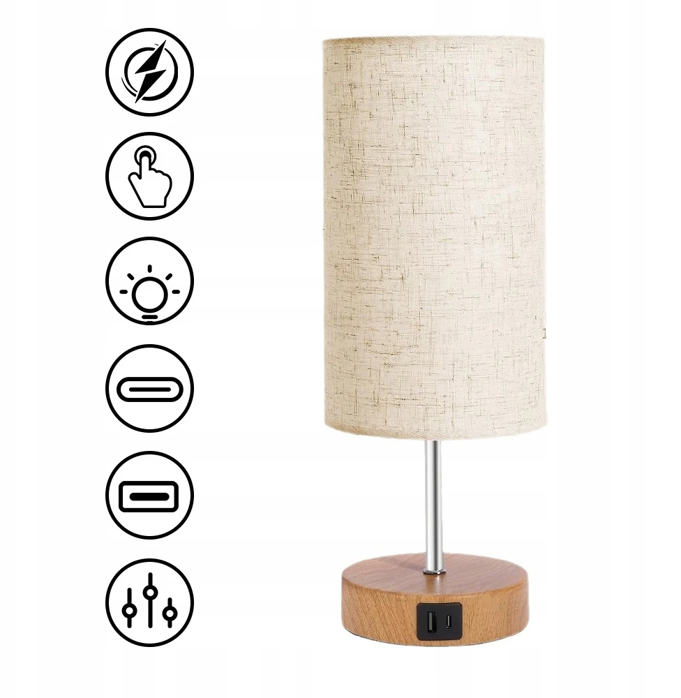 Bez Marki Lampa Nocna LED Stołowa Dotykowa USB-A USB-C E27 Drewno