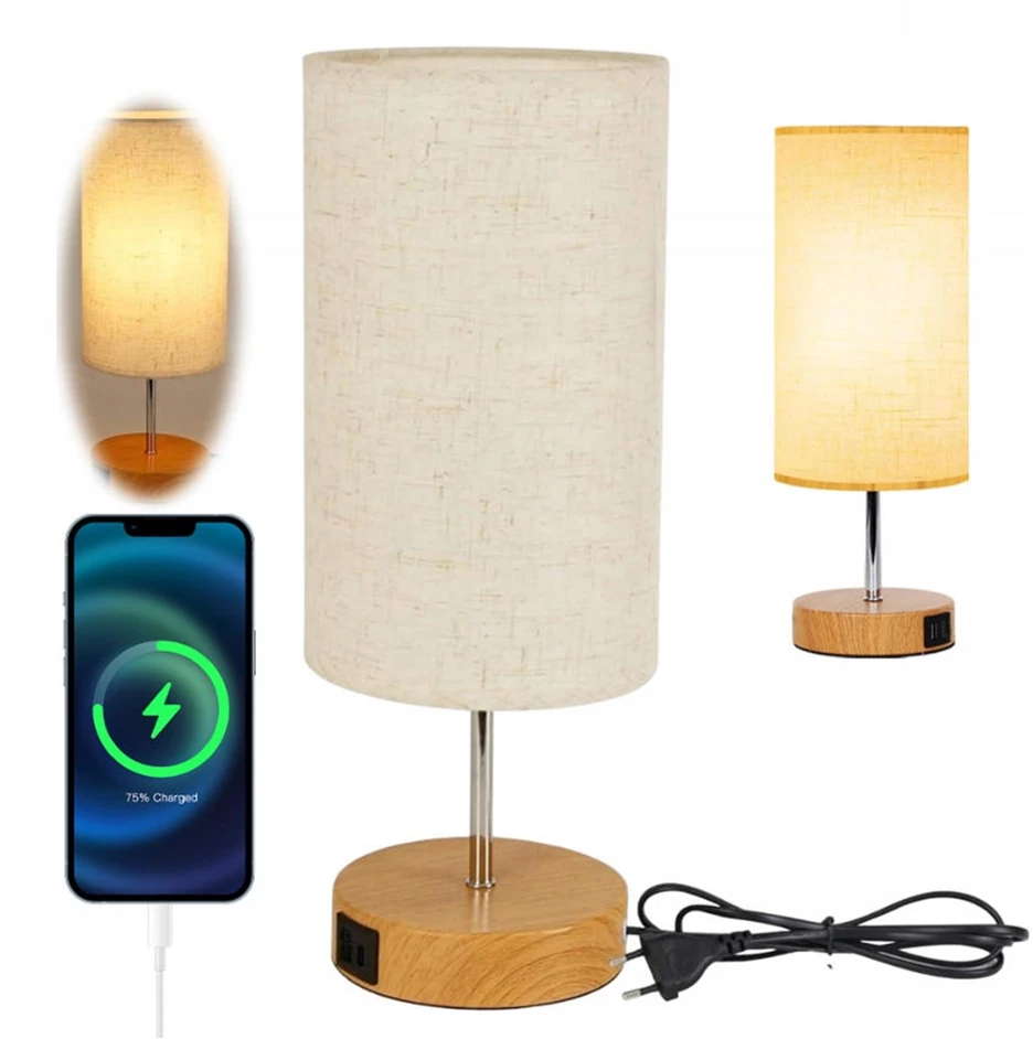 Bez Marki Lampa Nocna LED Stołowa Dotykowa USB-A USB-C E27 Drewno