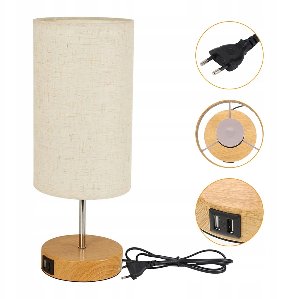 Bez Marki Lampa Nocna LED Stołowa Dotykowa USB-A USB-C E27 Drewno