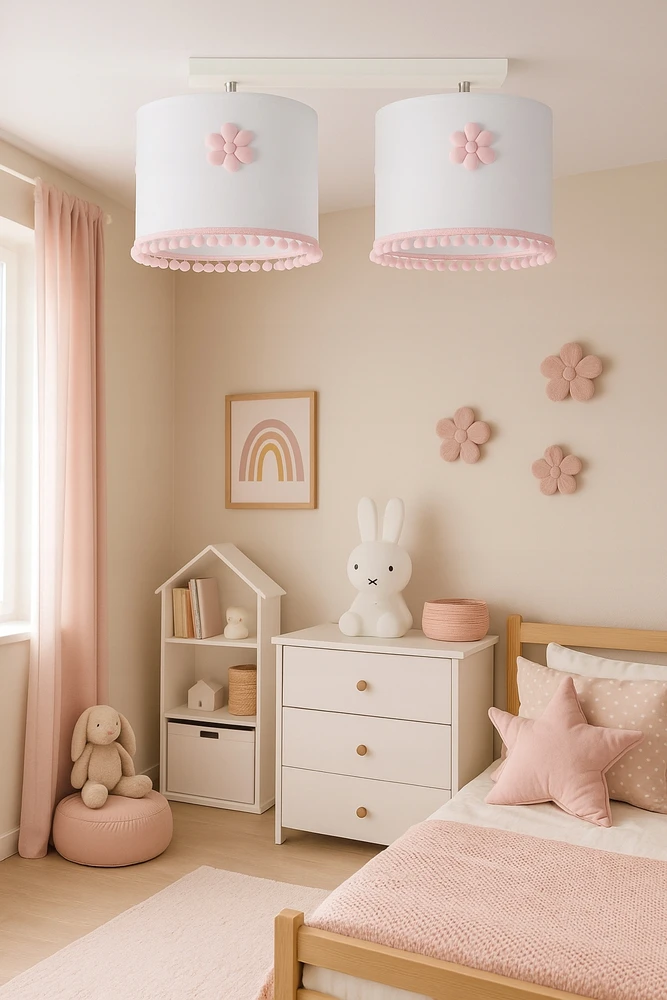 Bez Marki LAMPA SUFITOWA PODWÓJNA DLA DZIECI BOHO KWIATKI ABAŻUR Z POMPONIKAMI RÓŻOWA
