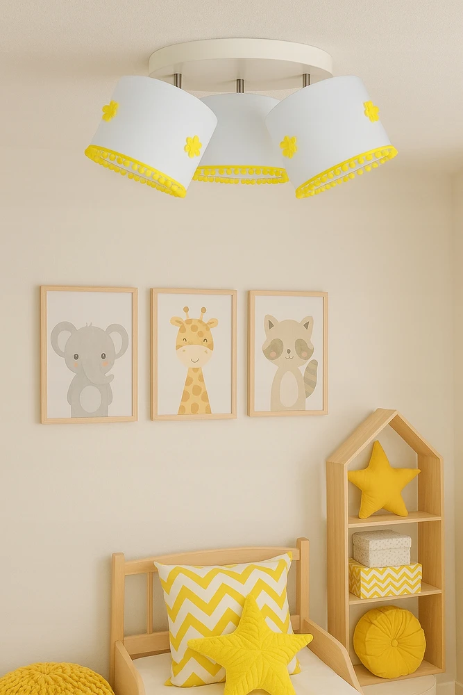Bez Marki LAMPA SUFITOWA POTRÓJNA DLA DZIECI Baltai Geltona KWIATKI ABAŻUR BOHO PĄPONY
