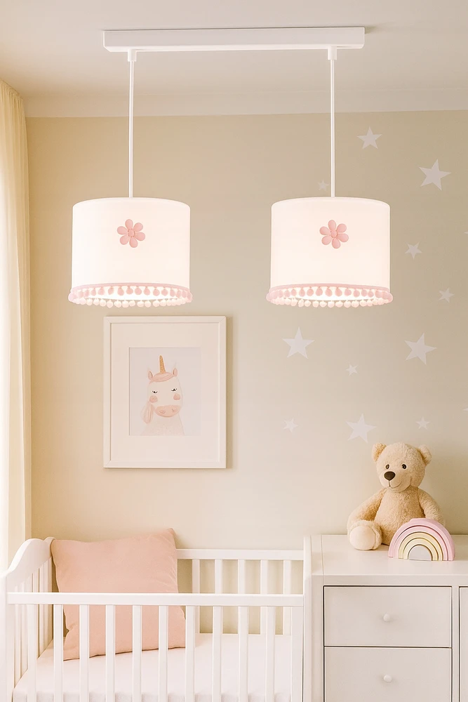 Bez Marki LAMPA SUFITOWA WISZĄCA PODWÓJNA BOHO KWIATKI ABAŻUR Z POMPONIKAMI RÓŻOWA