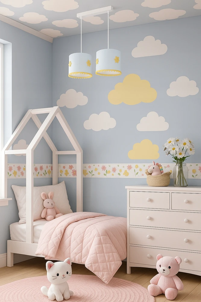 Bez Marki LAMPA WISZĄCA 80cm ABAŻUR KWIATY PASTELOWA Baltai-Geltona DO POKOJU DZIECKA