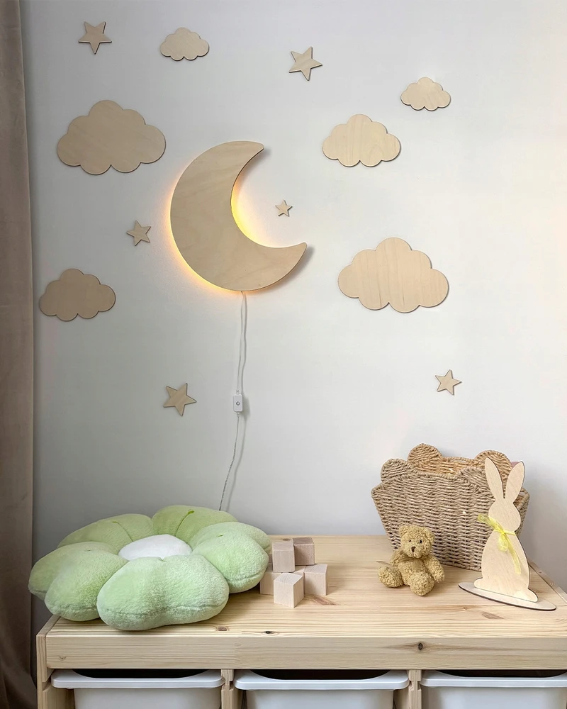 Teka Bez Marki Lampka Drewniany Księżyc - drewniana lampka LED do pokoju dziecięcego