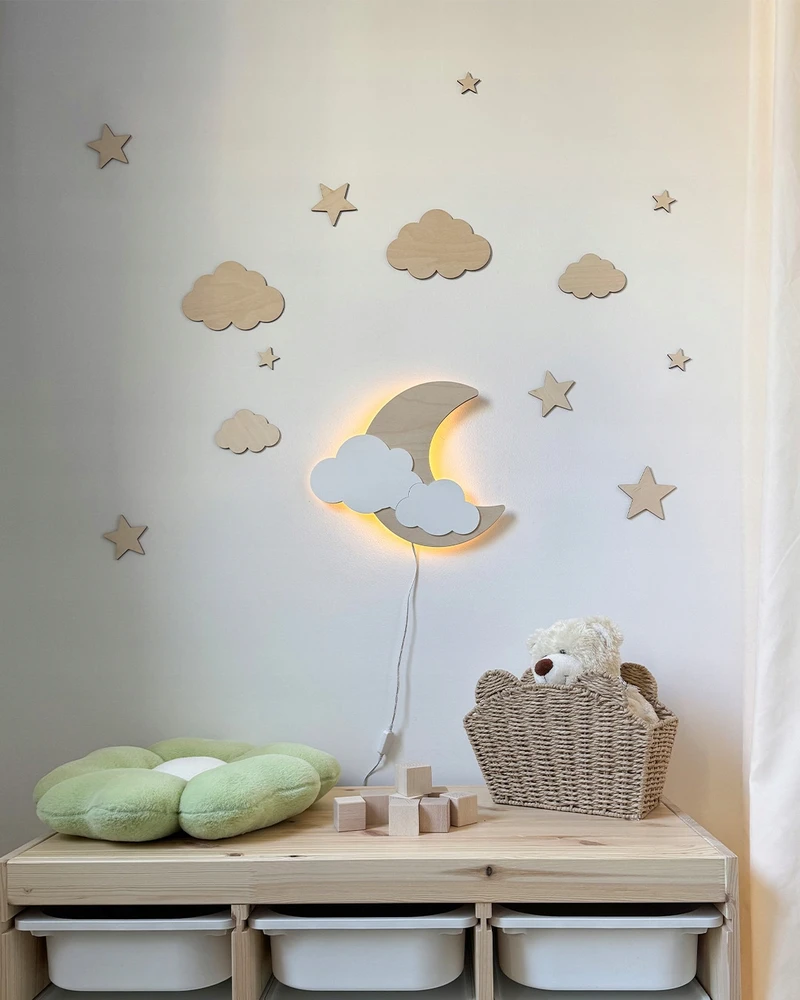 Bez Marki Lampka nocna drewniana LED vaikams księżyc chmurka