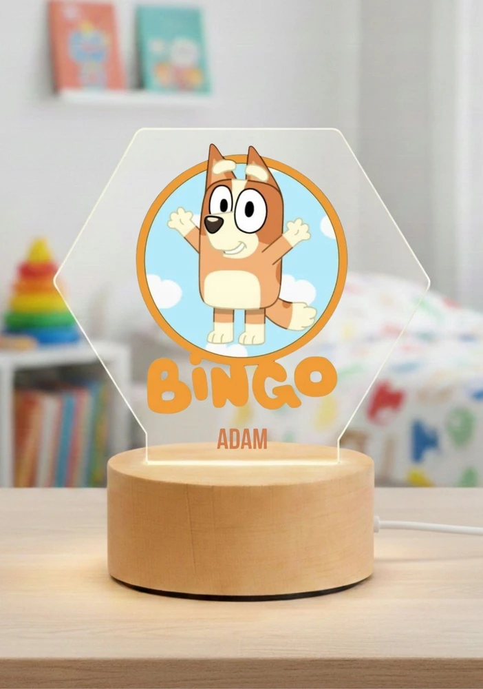 Bez Marki Lampka Nocna LED 3D Bluey + Imię Prezent Podstawa Drewniana PREMIUM USB