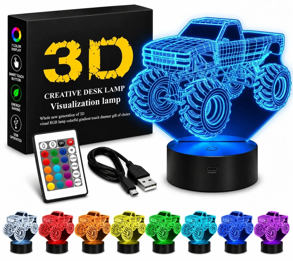 Bez Marki Lampka Nocna LED 3D Monster Truck RGB Pilot 16 Kolorów Timer USB
