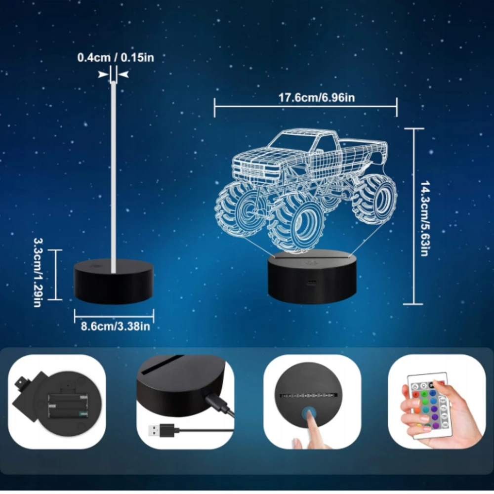 Bez Marki Lampka Nocna LED 3D Monster Truck RGB Pilot 16 Kolorów Timer USB