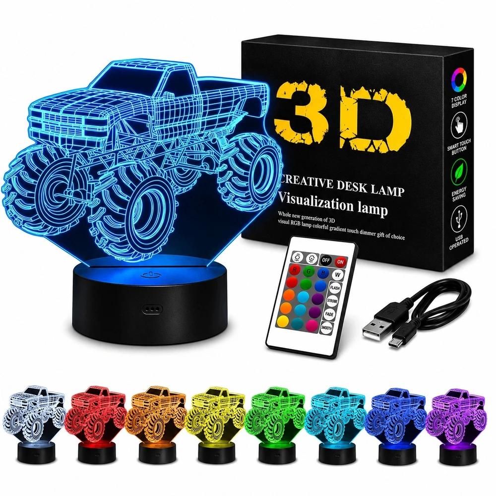 Bez Marki Lampka Nocna LED 3D Monster Truck RGB Pilot 16 Kolorów Timer USB