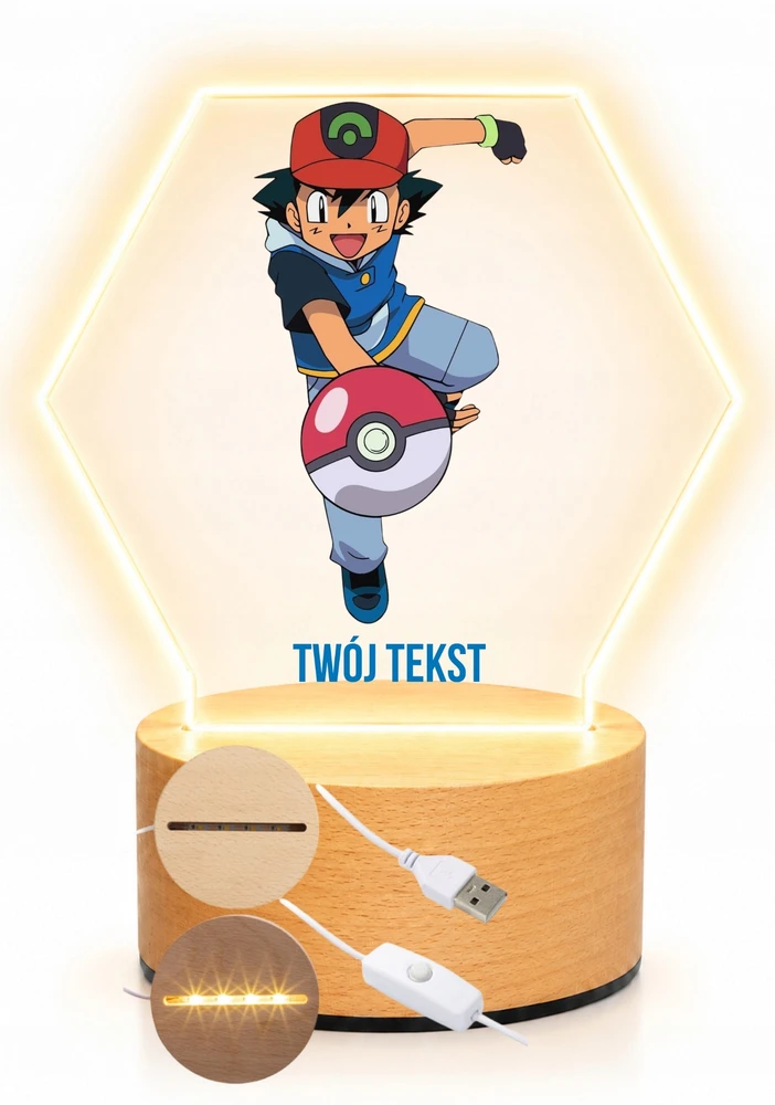 Bez Marki Lampka Nocna LED 3D Pokemon + Imię, Prezent Podstawa Drewniana PREMIUM USB