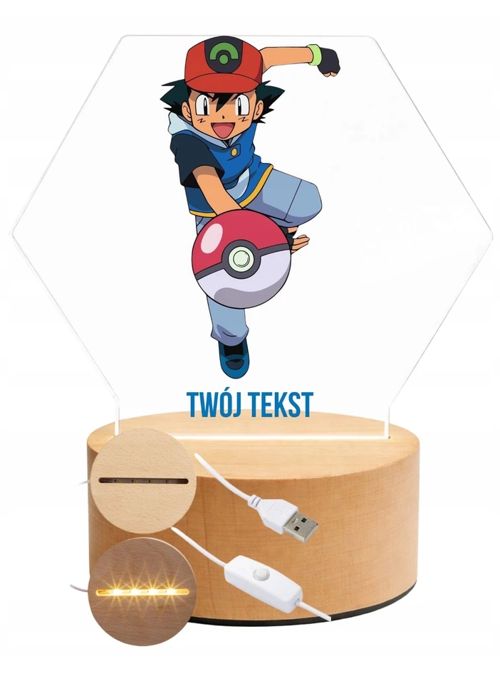 Bez Marki Lampka Nocna LED 3D Pokemon + Imię, Prezent Podstawa Drewniana PREMIUM USB