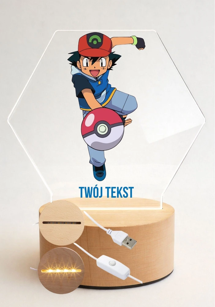Bez Marki Lampka Nocna LED 3D Pokemon + Imię, Prezent Podstawa Drewniana PREMIUM USB