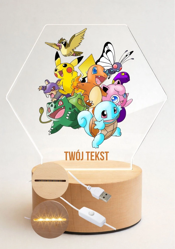 Bez Marki Lampka Nocna LED 3D Pokemon + Imię, Prezent Podstawa Drewniana PREMIUM USB