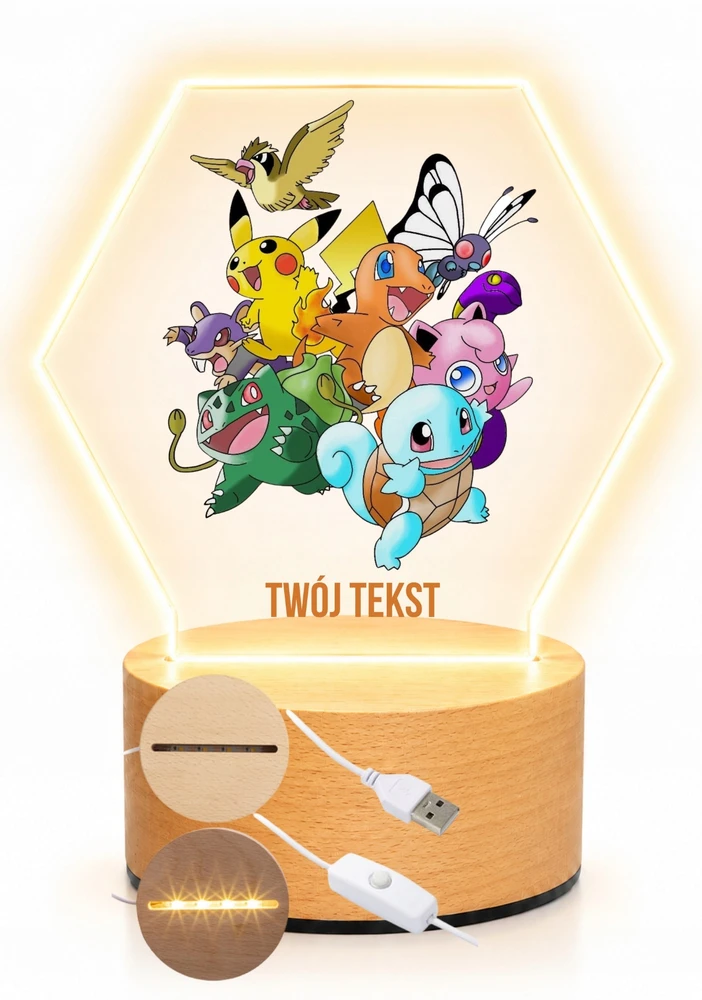 Bez Marki Lampka Nocna LED 3D Pokemon + Imię, Prezent Podstawa Drewniana PREMIUM USB