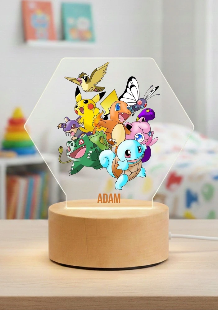 Bez Marki Lampka Nocna LED 3D Pokemon + Imię, Prezent Podstawa Drewniana PREMIUM USB