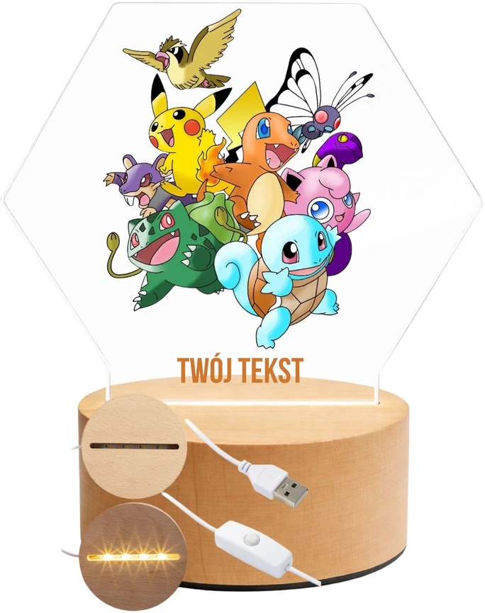 Bez Marki Lampka Nocna LED 3D Pokemon + Imię, Prezent Podstawa Drewniana PREMIUM USB
