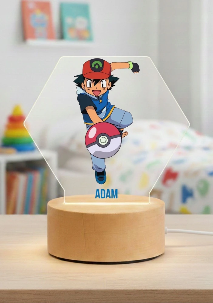 Bez Marki Lampka Nocna LED 3D Pokemon + Imię, Prezent Podstawa Drewniana PREMIUM USB