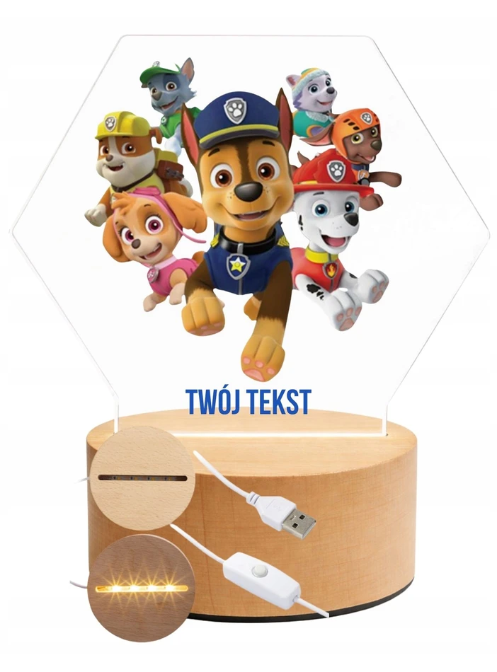 Bez Marki Lampka Nocna LED 3D Psi Patrol +Imię Prezent Podstawa Drewniana PREMIUM USB